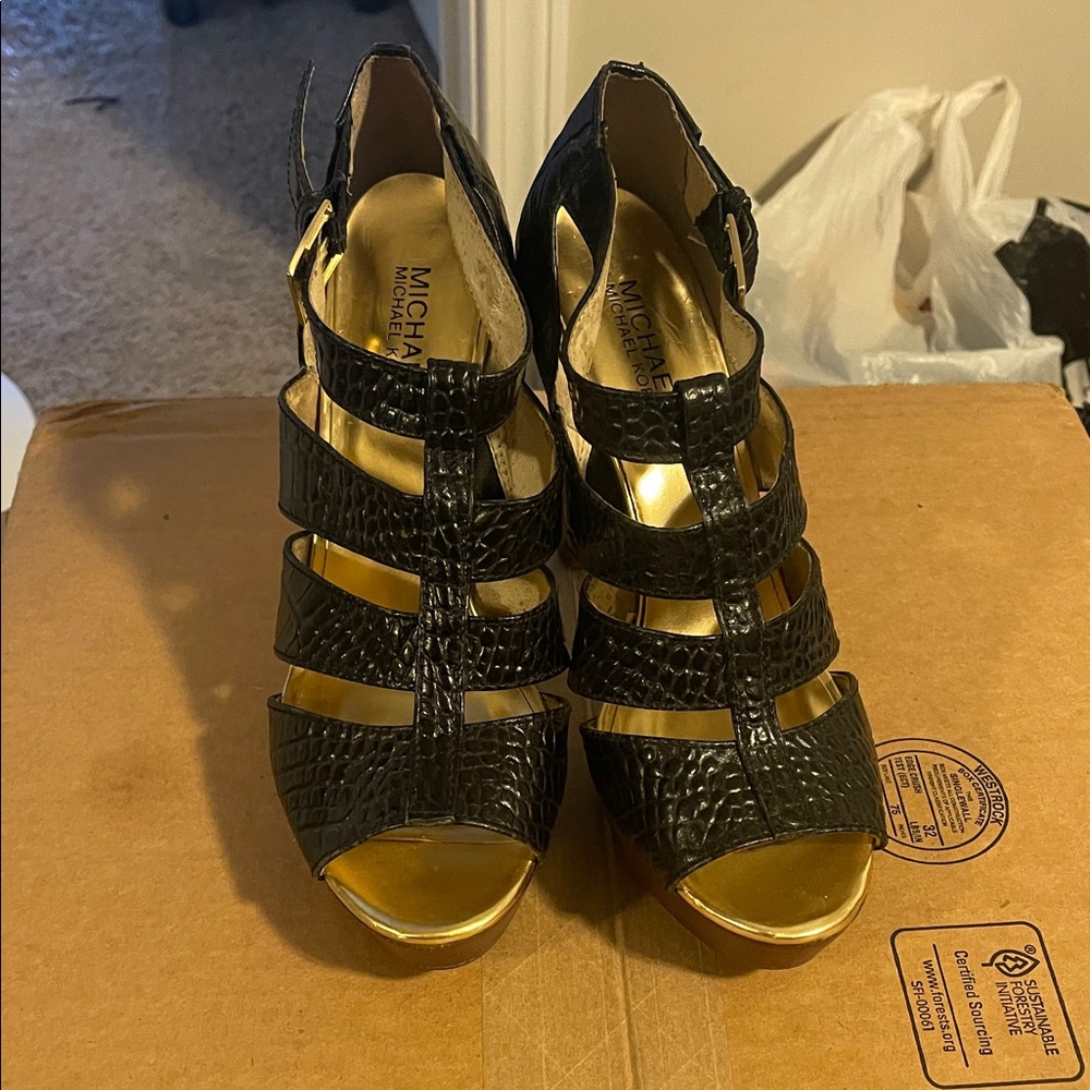 Michael Kors Black and Gold Strappy Heels